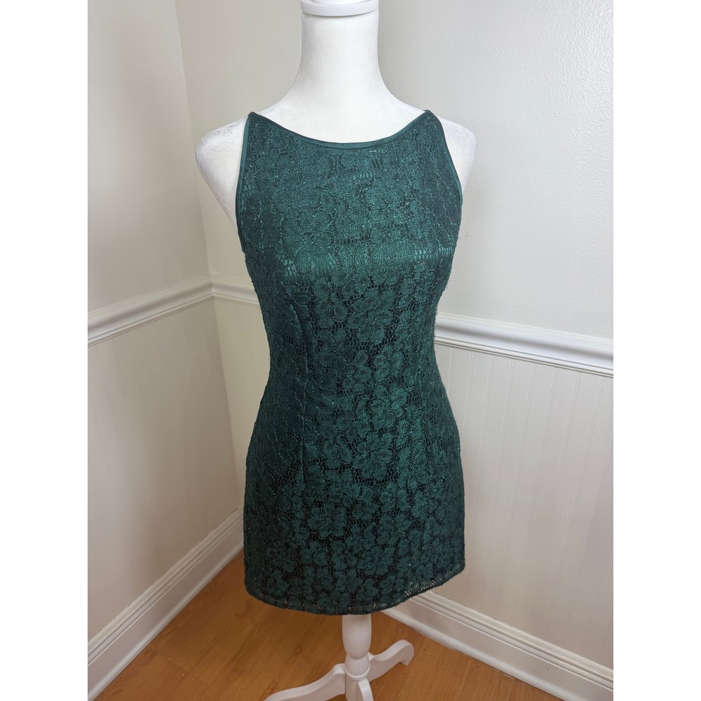 Jessica‎ McClintock Gunne Sax Dress Womens 3/4 Green Lace Metallic Cocktail Mini